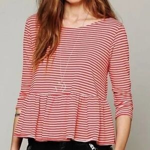 We the Free People 3/4 Sleeve Peplum Top Blouse Red Wide Neck Small